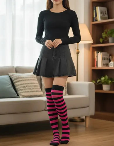 Medias Bucaneras Rayas Negro Con Fucsia Disfraz Fiesta Negro Con Fucsia Estandar