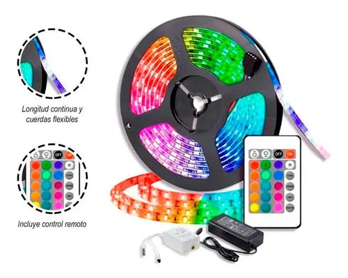 Pack Tiktok: Cinta Led Colores 5mt + Control Rgb + Adaptador Rgb