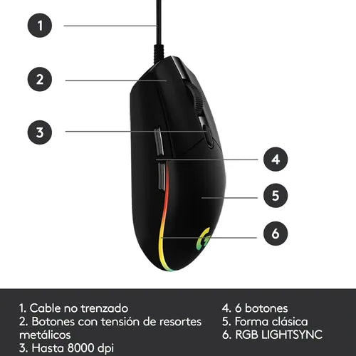 Mouse Gamer Logitech G203 Lightsync Óptico De 8000 Dpi Con 6 Botones Negro