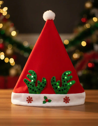 Gorro Sombrero Viejito Pascuero Diseño Renos Fiesta Navideña Rojo