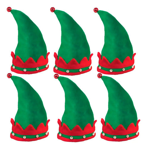 Pack 6 Sombreros Gorros Navideños Duende Elfo Con Sonajera Verde