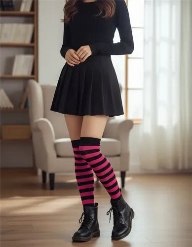 Medias Bucaneras Rayas Negro Con Fucsia Disfraz Fiesta Negro Con Fucsia Estandar