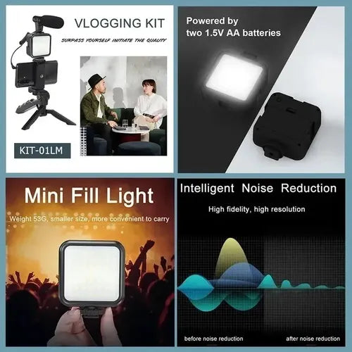 Kit De Grabación Con Micrófono Luz Led Y Soporte Tripode Color Negro