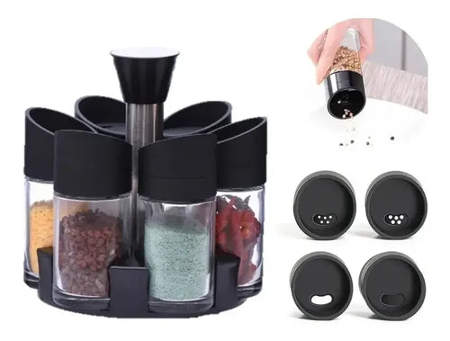 Set 6 Especieros Condimento Giratorio 360 Salidas Multiples Negro