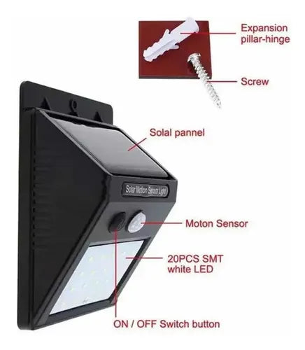 Pack X8 Lámparas Solares 20w Con Sensor De Movimiento Hogar Negro