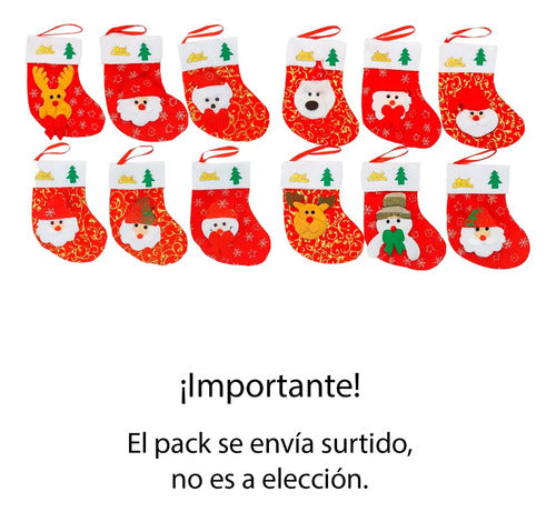 12 Mini Botas Calcetin Dulcero Adorno Navidad Diseño Surtido Rojo Surtido